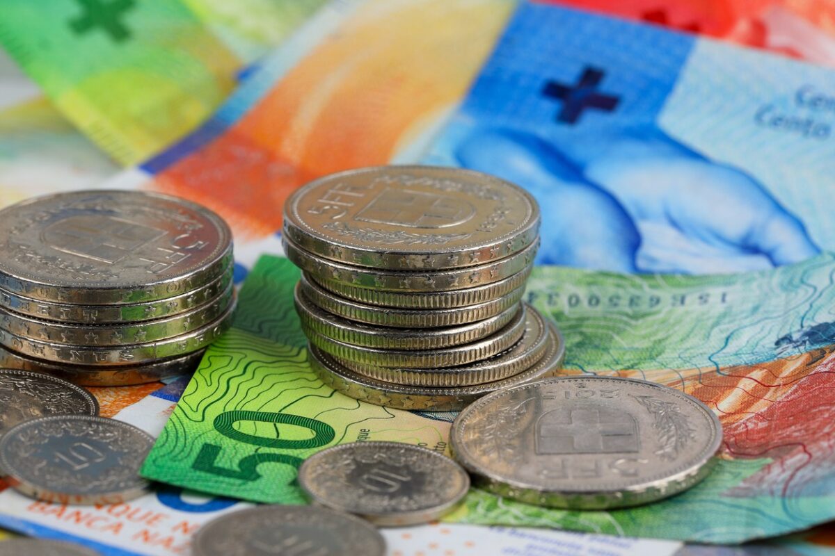 The Swiss currency, CHF, is visible. Coins are shown lying on paper money. It can be used to illustrate a wide range of financial topics