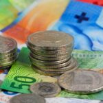 The Swiss currency, CHF, is visible. Coins are shown lying on paper money. It can be used to illustrate a wide range of financial topics