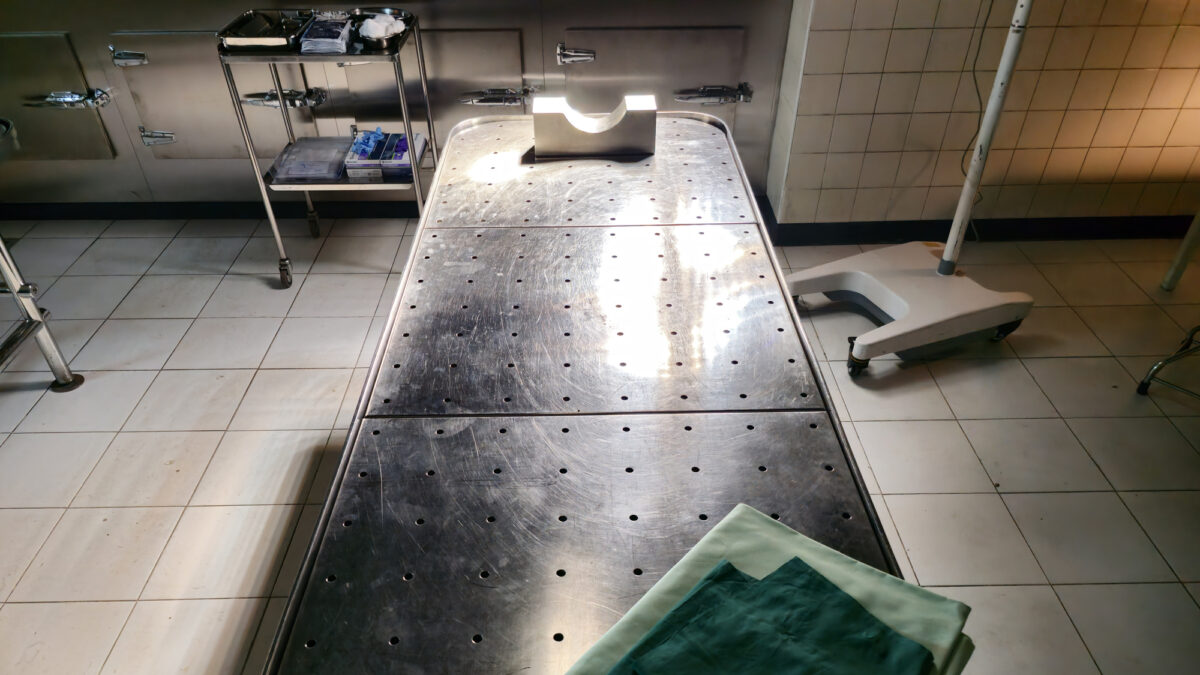 A morgue examination table landscape
