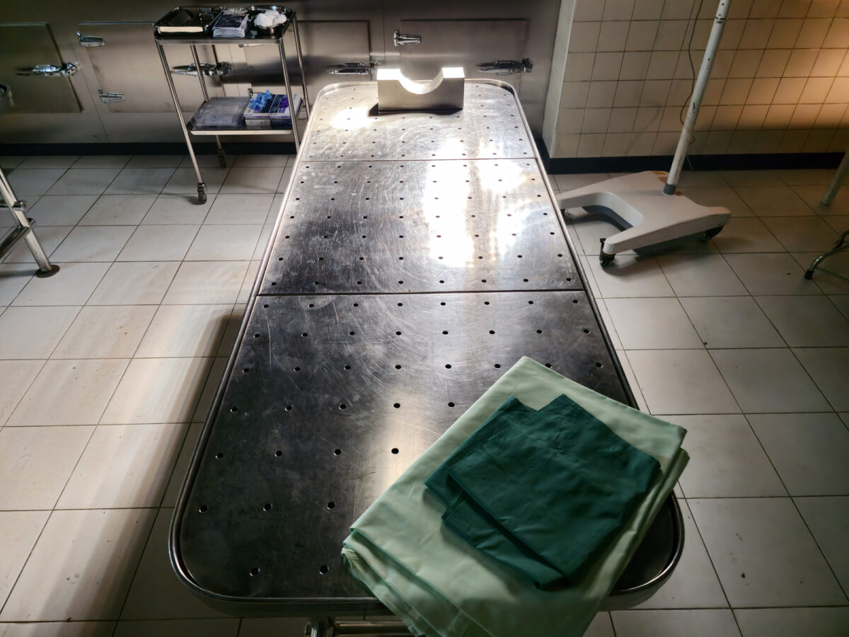 A morgue examination table landscape