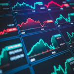 Digital financial dashboard with multiple red candlestick charts representing bearish momentum and economic distress. stock market drop, financial technology, bearish trends, AI investment tools, crisis investing, and digital economy.