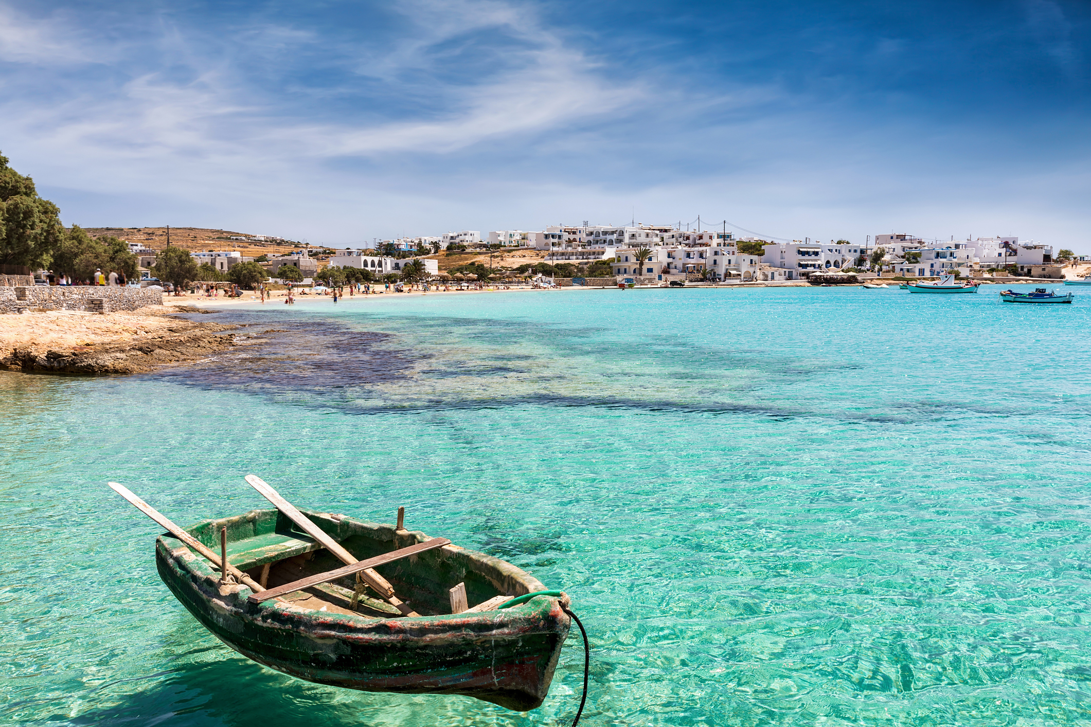 View to the port and beach of Ano Koufonisi Island, Koufonisia, Greece
