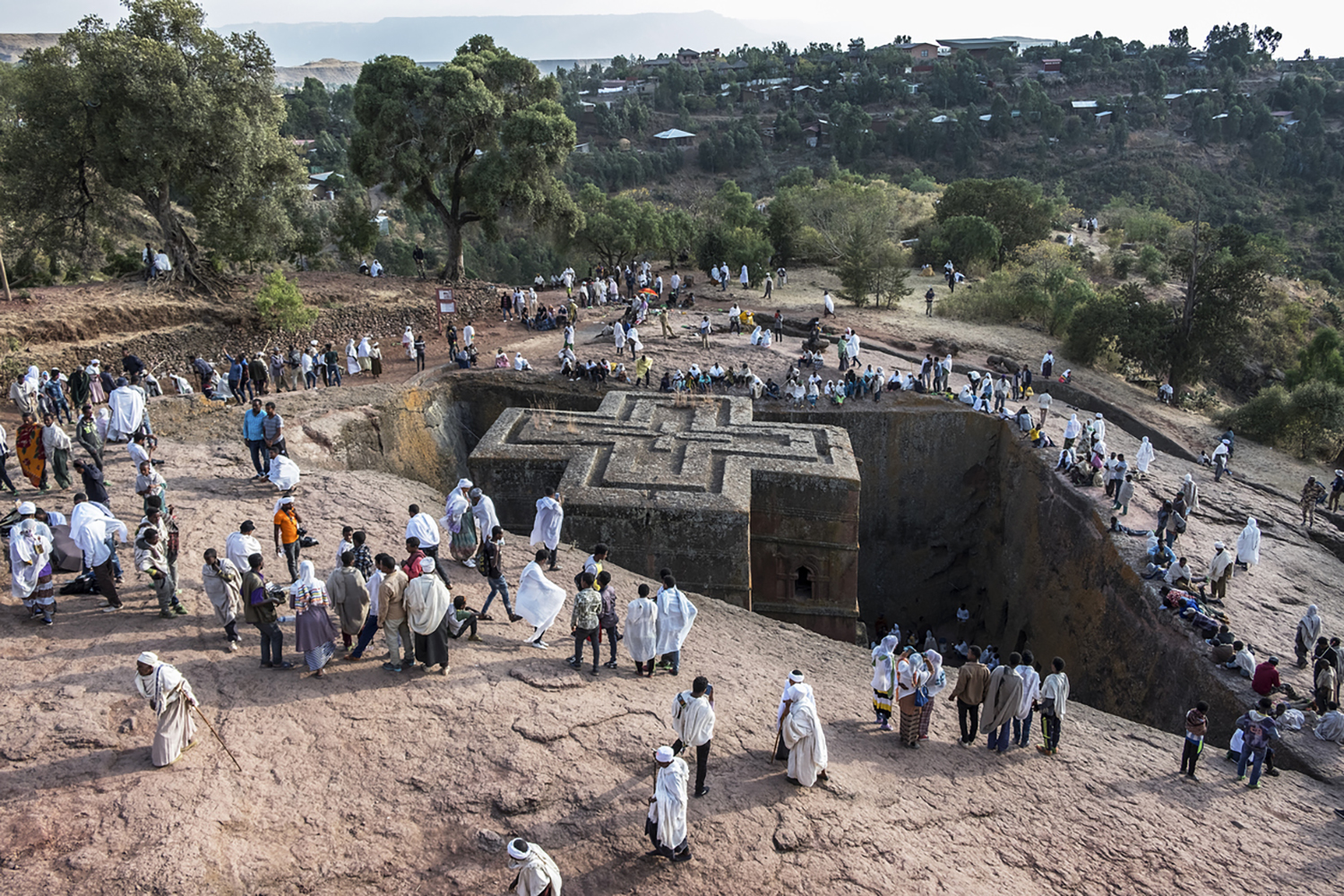 LALIBELA, ETHIOPIA - JANUARY 5: Pilgrims at Bet Giyorgis, one of rock hewn churches in Lalibela and UNESCO World Heritage site on January 5, 2018 in Lalibela, Ethiopia