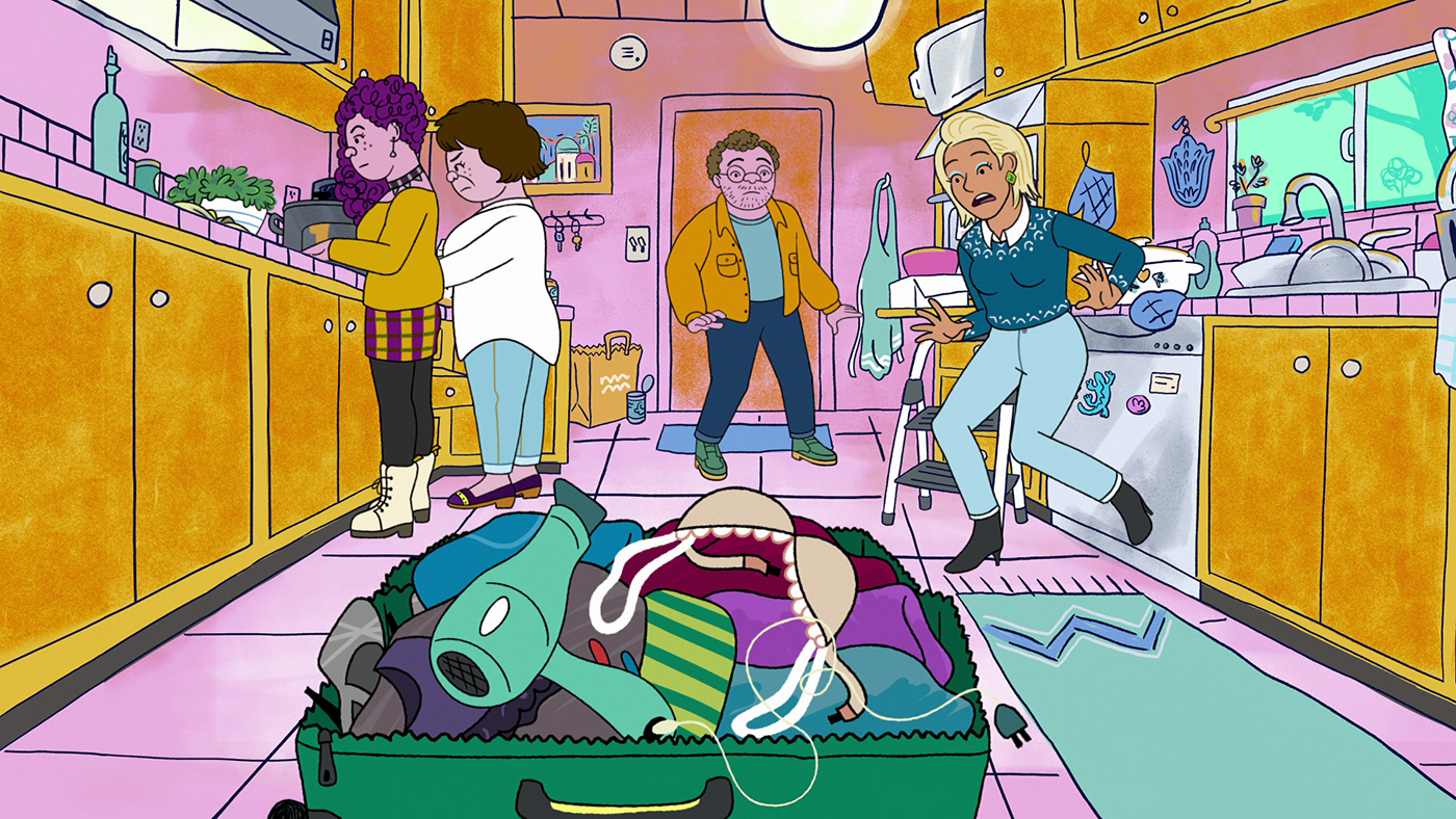 Long Story Short (L to R) Abbi Jacobson as Shira Schwooper, Lisa Edelstein as Naomi Schwartz, Ben Feldman as Avi Schwooper and Angelique Cabral as Jen in Long Story Short. Cr. COURTESY OF NETFLIX © 2025