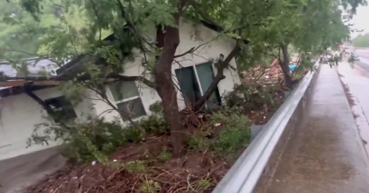 Texas: The moment when the flooding rushing waters drag a whole house