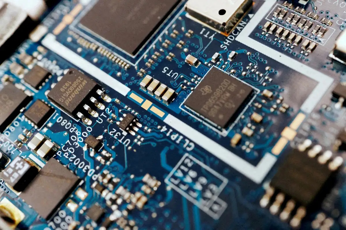 Semiconductor chips are seen on a circuit board of a computer