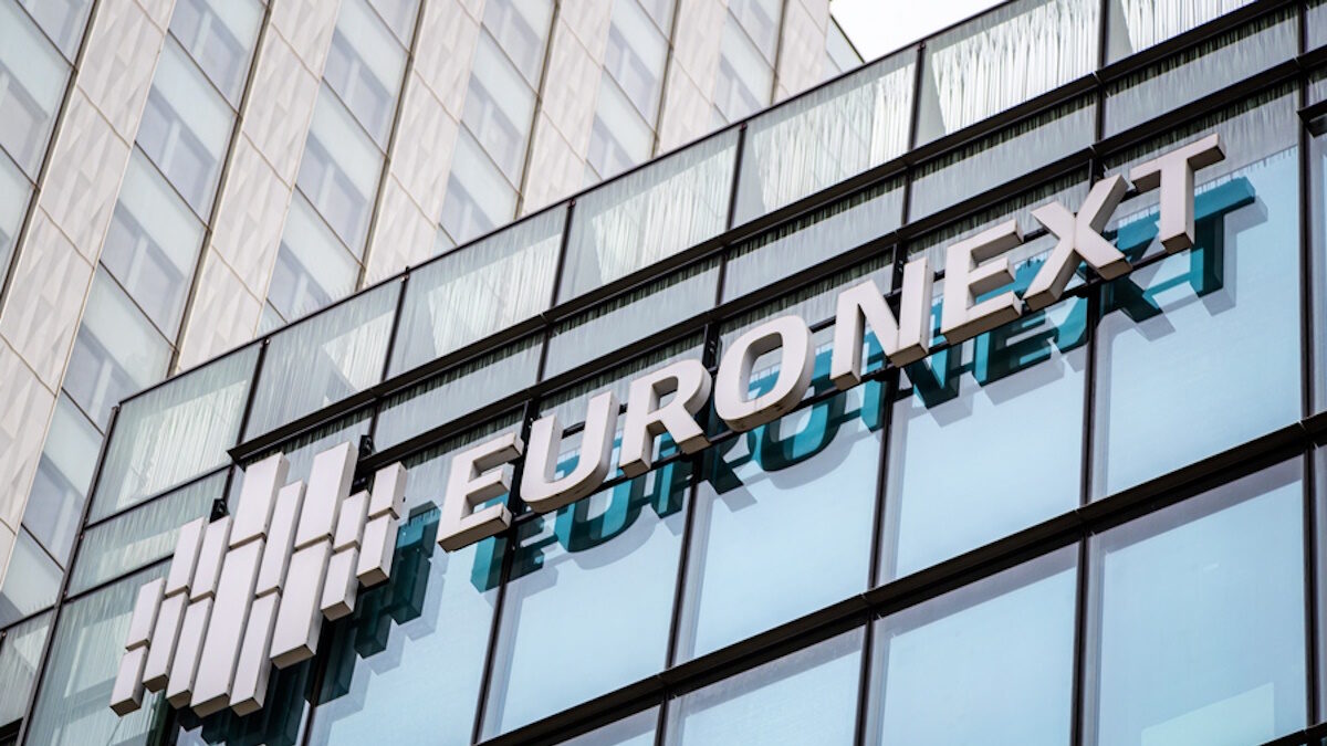 The Euronext stock exchange logo at the company's headquarters in the Paris financial district of La Defense, France, 23 March 2023. Euronext is a pan-European market infrastructure, connecting European economies to global capital markets. It operates regulated exchanges in Belgium, France, Ireland, Italy, the Netherlands, Norway and Portugal.