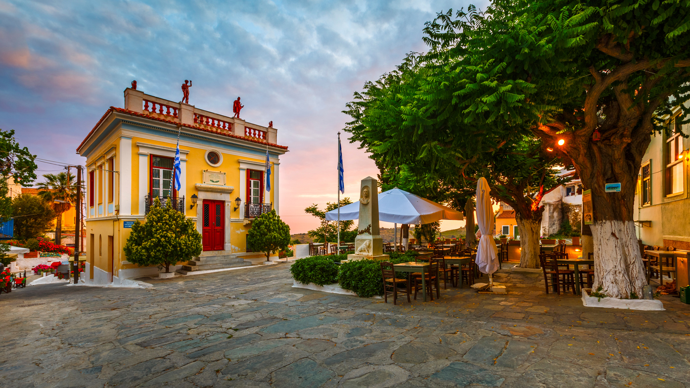 Ioulida, Greece - May 26, 2017: Square in Ioulida village on Kea island in Greece."