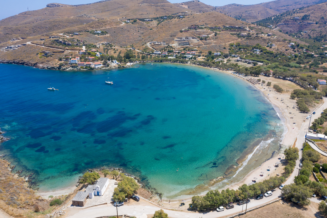Kea Tzia island, Cyclades, Greece. Aerial drone view of Otzias bay a summer sunny day