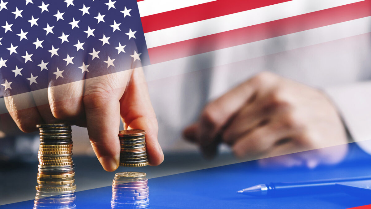 United States and Russia sanctions. Governments conflict concept.