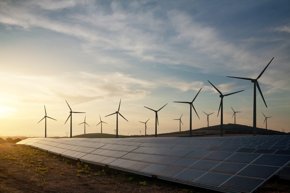 Solar panels and wind turbines generating renewable energy for green and sustainable future