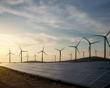Solar panels and wind turbines generating renewable energy for green and sustainable future