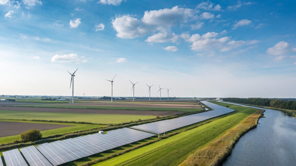 Solar panels and wind turbines generating renewable energy for green and sustainable future