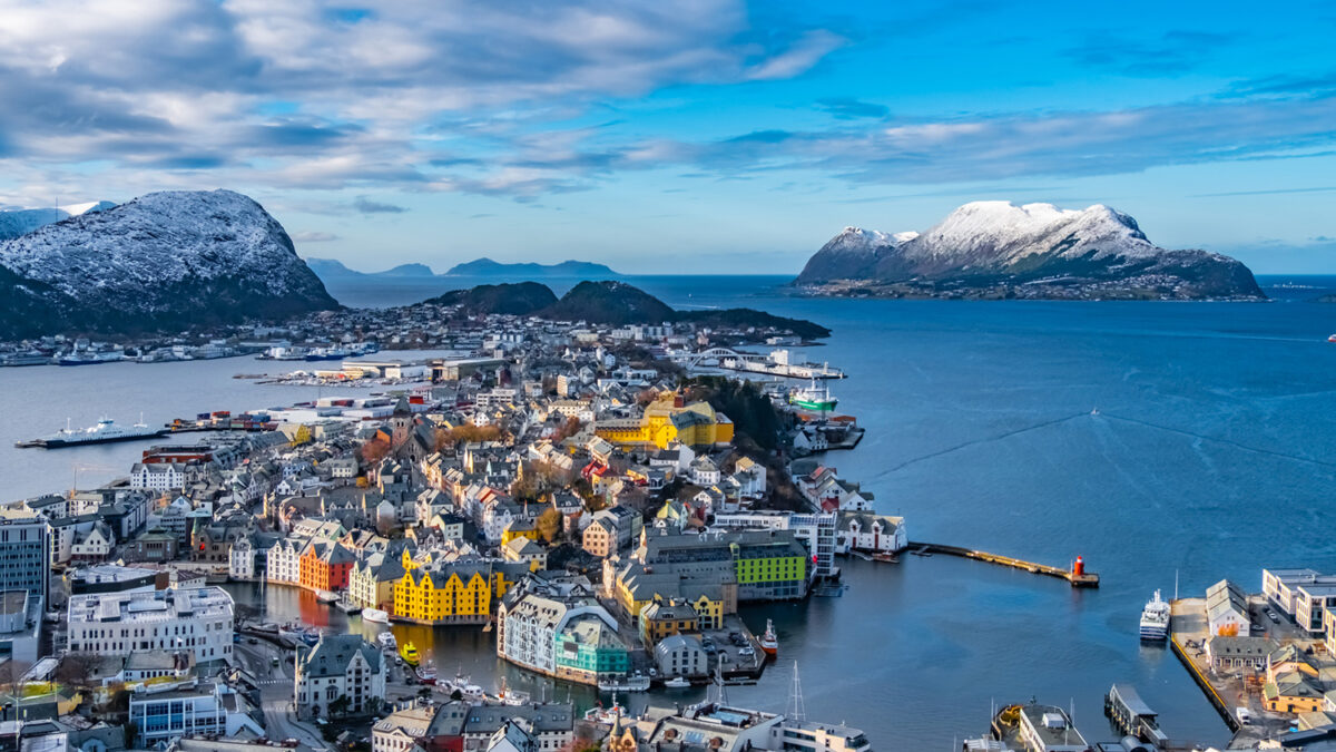 Elevated view of the city of Alesund, Norway.