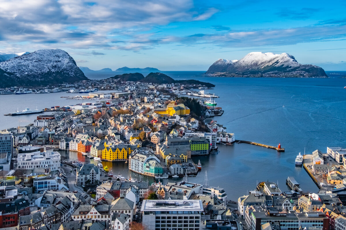 Elevated view of the city of Alesund, Norway.