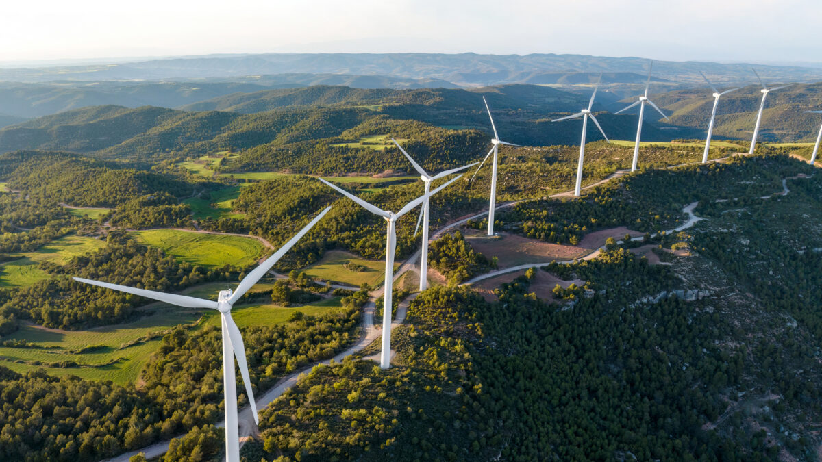 Aerial view of wind turbines in eolic park, Catalonia, Spain
