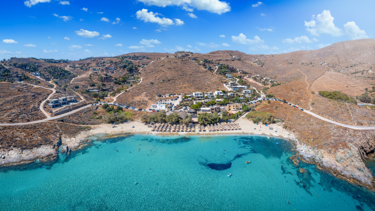 Aerial view of the popular Koundouros Beach at Kea, Tzia island, Greece, with turquoise, clear sea
