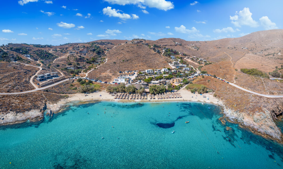 Aerial view of the popular Koundouros Beach at Kea, Tzia island, Greece, with turquoise, clear sea