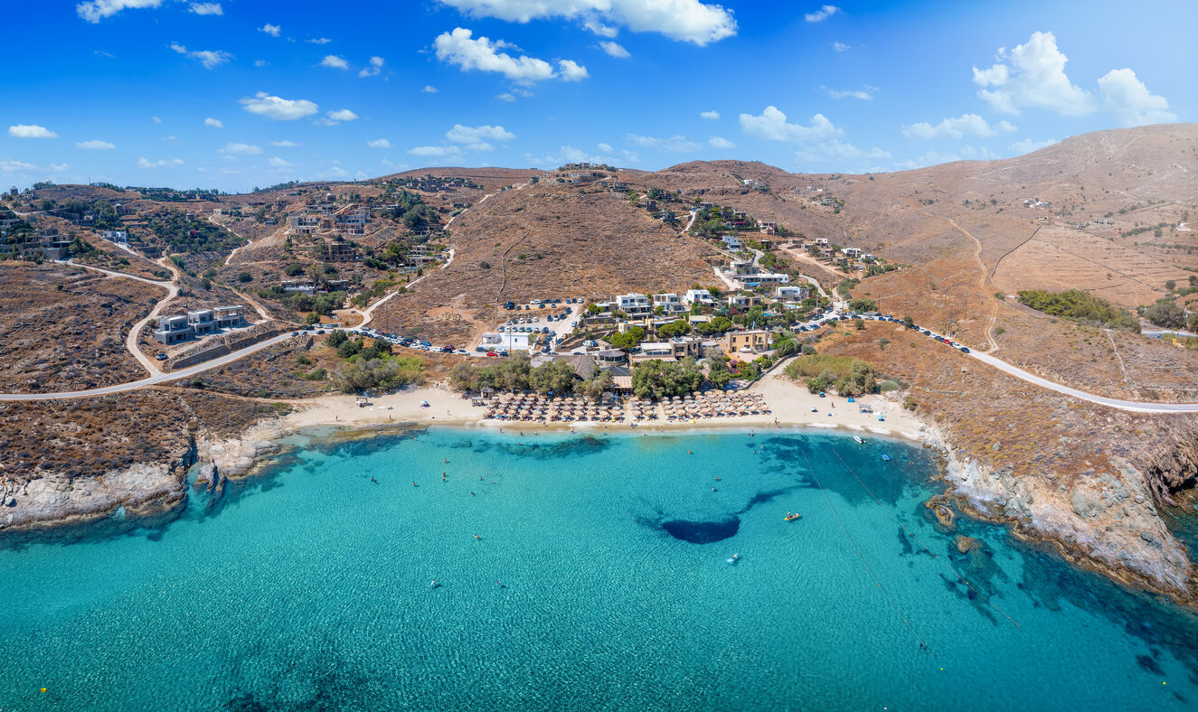 Aerial view of the popular Koundouros Beach at Kea, Tzia island, Greece, with turquoise, clear sea