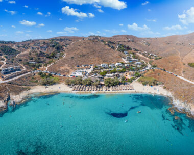 Aerial view of the popular Koundouros Beach at Kea, Tzia island, Greece, with turquoise, clear sea