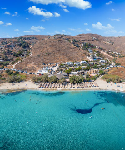Aerial view of the popular Koundouros Beach at Kea, Tzia island, Greece, with turquoise, clear sea