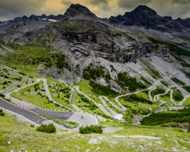Multiple hairpin bends on the road up the Stelvio Pass from Bormio in the Italin Alps. Famous climb of the Giro d'Italia