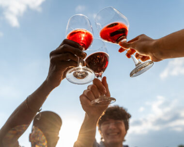 Diverse group of friends toasting with wine glasses during sunset gathering. Natural candid moment of celebration and friendship in casual outdoor setting