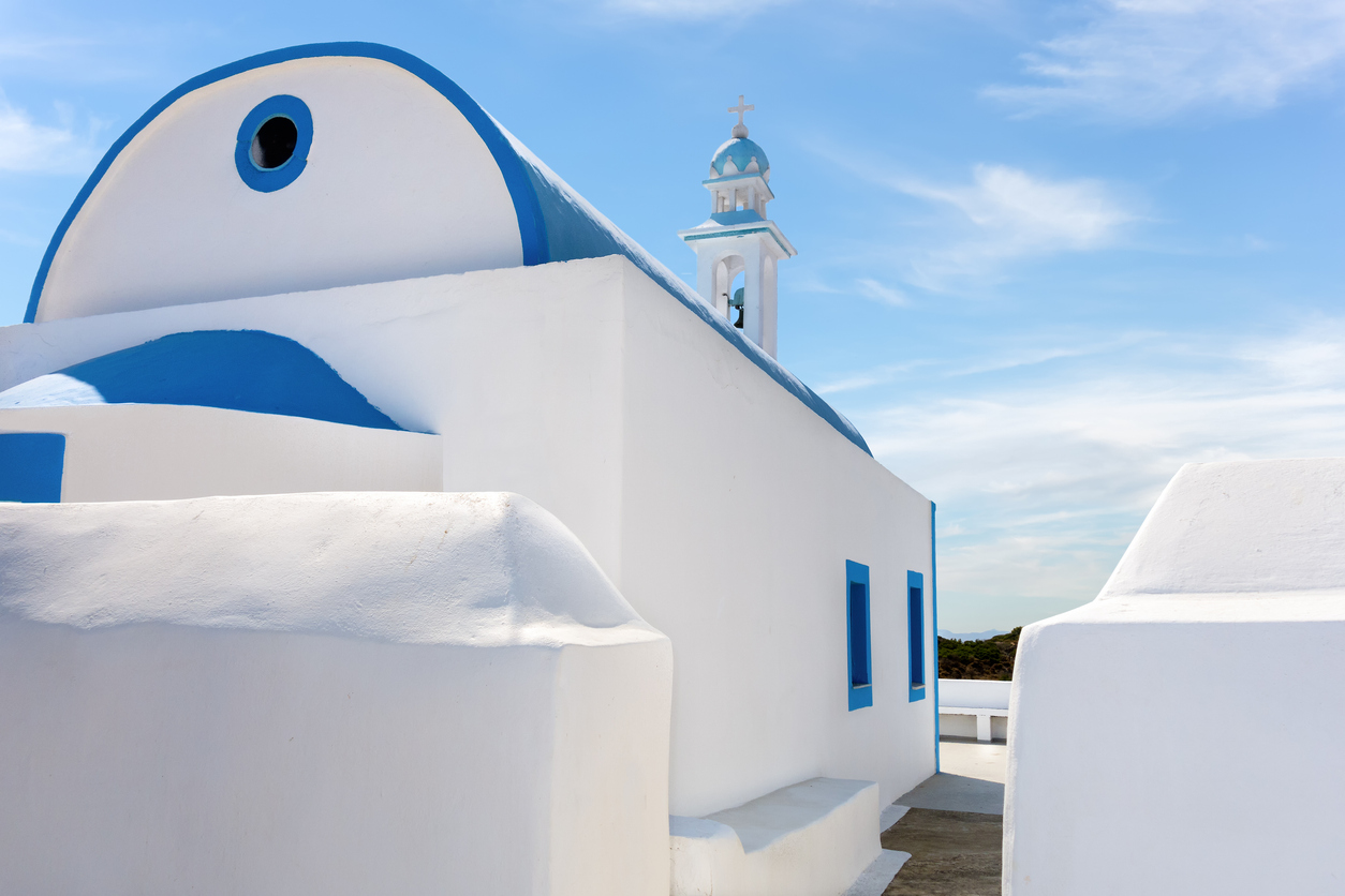 Lovely small white church in Lipsi island, Dodecanese, Greece