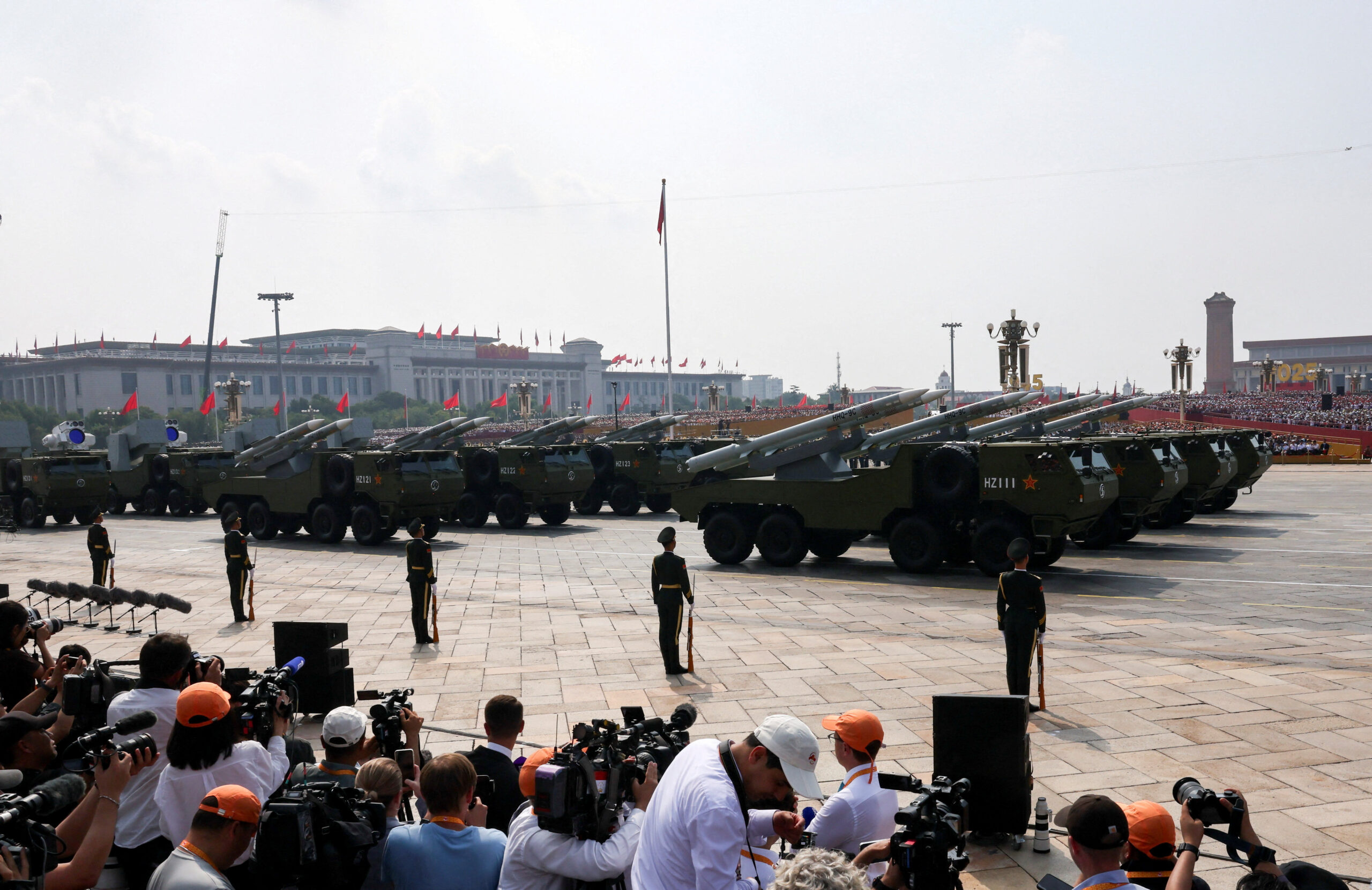 Rockets on trucks during the military parade in Beijing