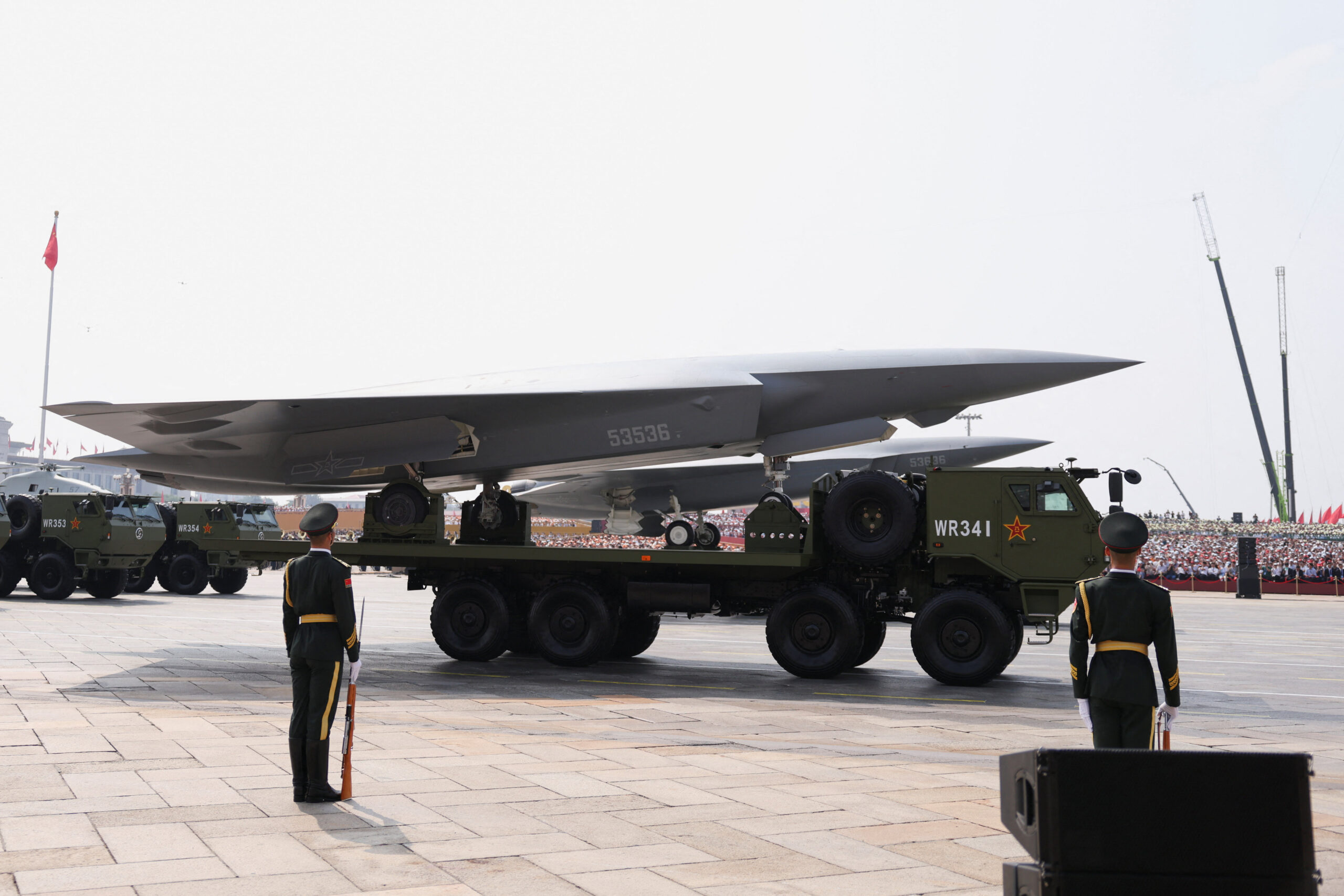 A vehicle carrying a drone during the military parade to Beijing