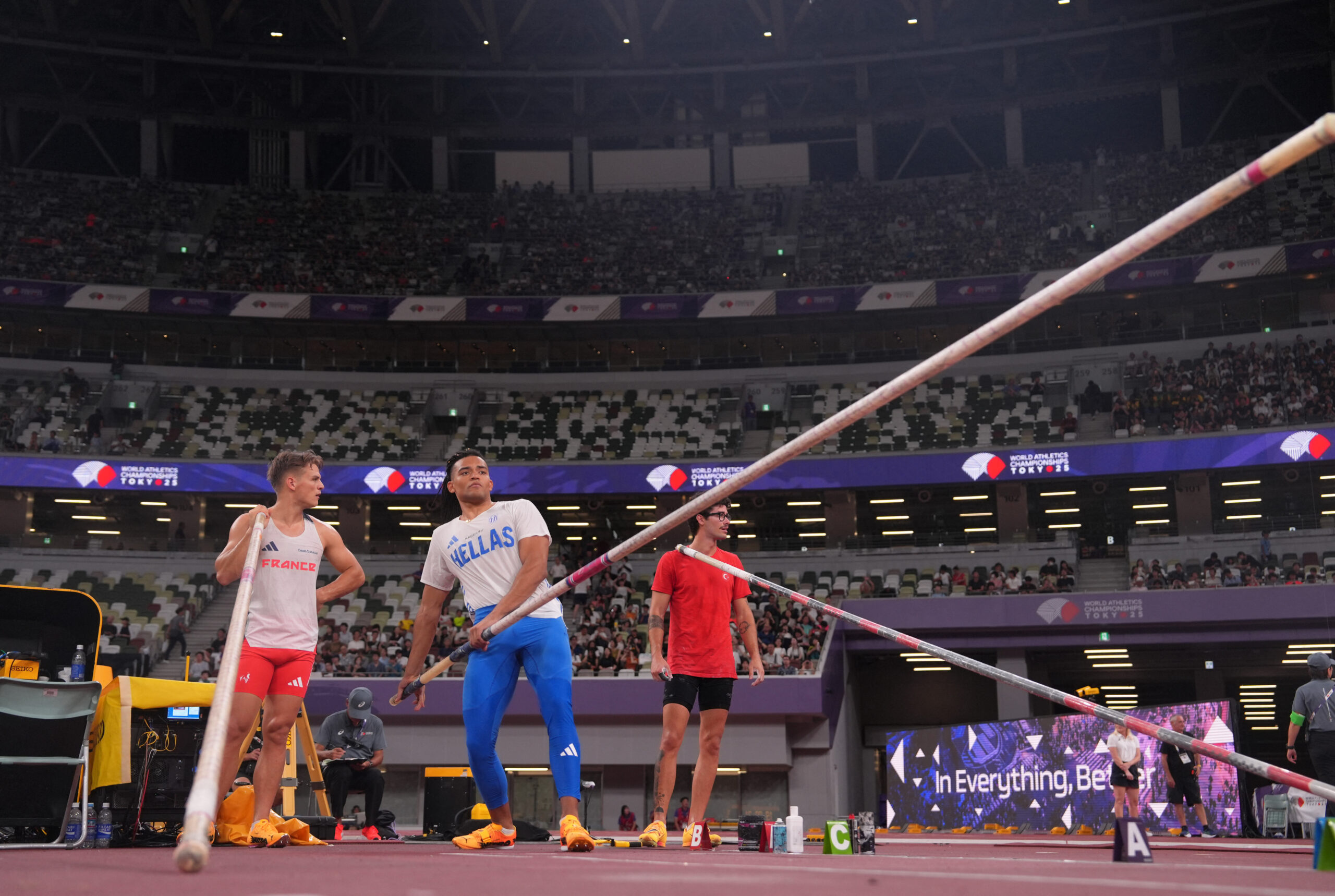 World Athletics Championships Tokyo 2025 - Men's Pole Vault Final - Japan National Stadium, Tokyo, Japan - September 15, 2025 Greece's Emmanouil Karalis, France's Thibaut Collet and Turkey's Ersu Sas