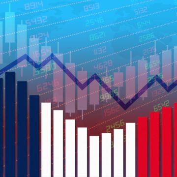 Flag of France on bar chart concept of economic recovery and business improving after crisis such as Covid-19 or other catastrophe as economy and businesses reopen again.