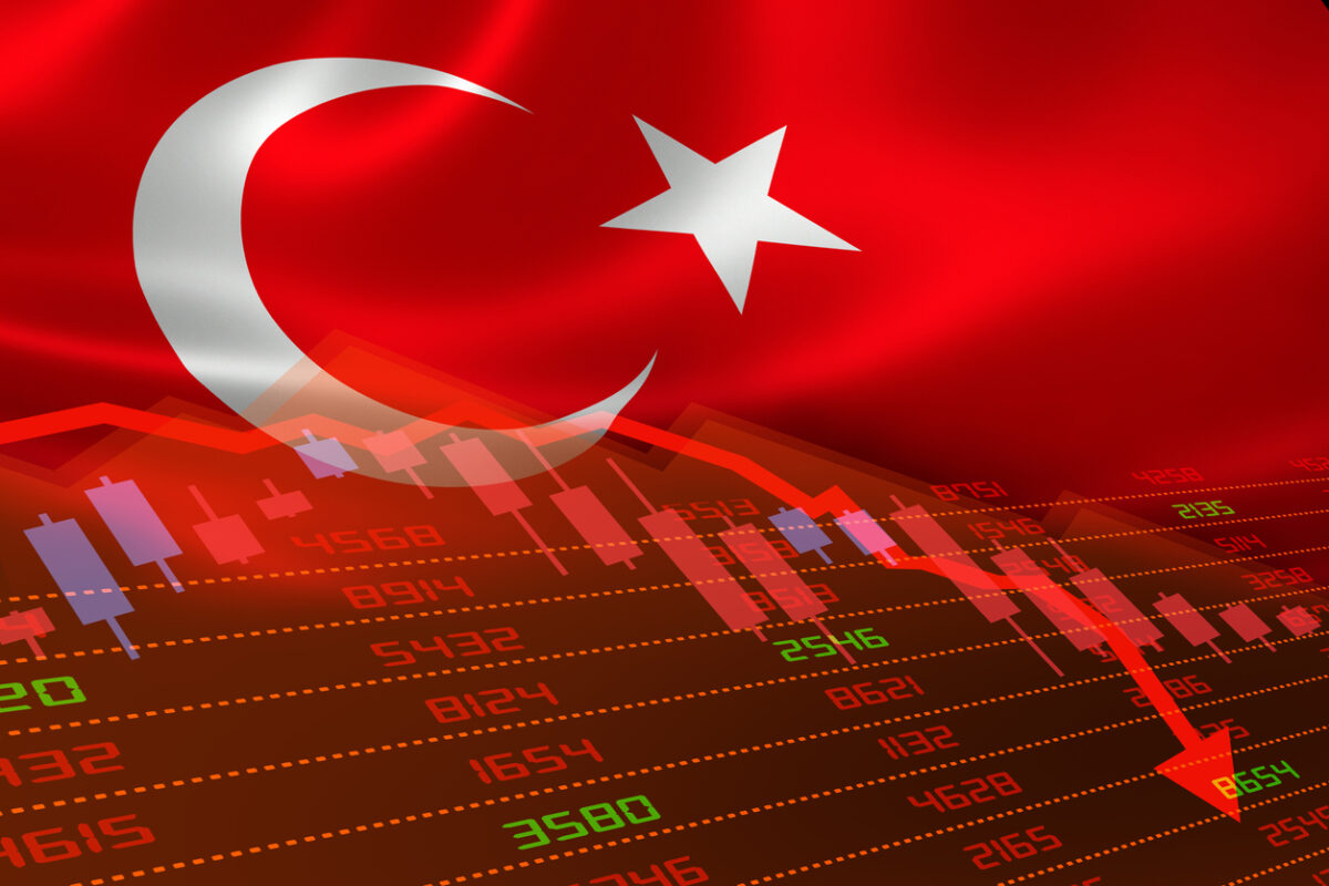 Turkey economic downturn with stock exchange market showing stock chart down and in red negative territory. Business and financial money market crisis