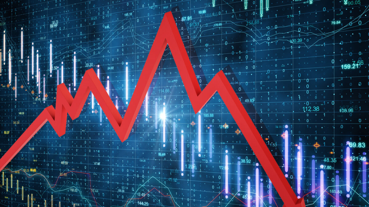 Falling stock exchange statistics with red arrow on screen. Trade and finance depression concept. 3D Rendering