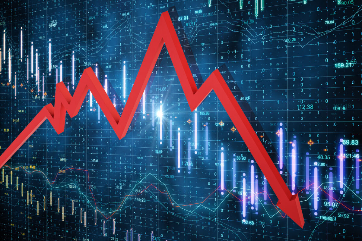 Falling stock exchange statistics with red arrow on screen. Trade and finance depression concept. 3D Rendering