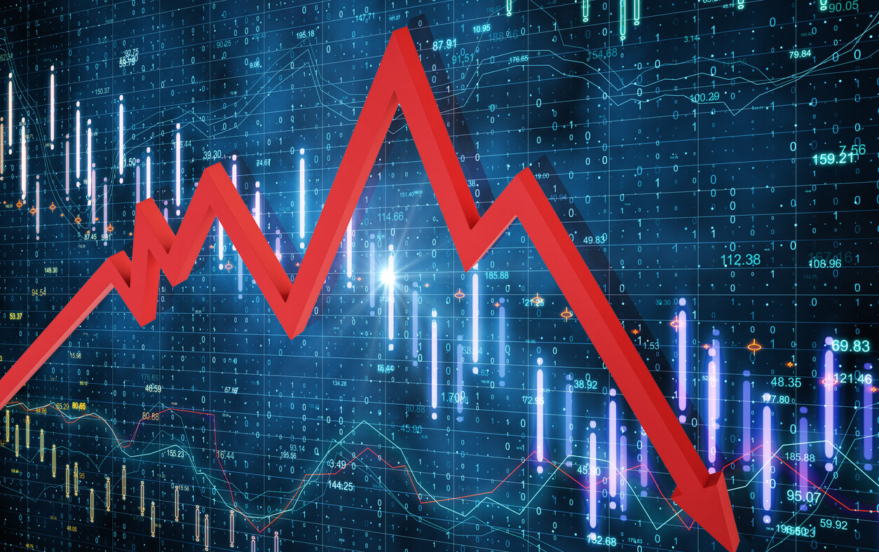Falling stock exchange statistics with red arrow on screen. Trade and finance depression concept. 3D Rendering