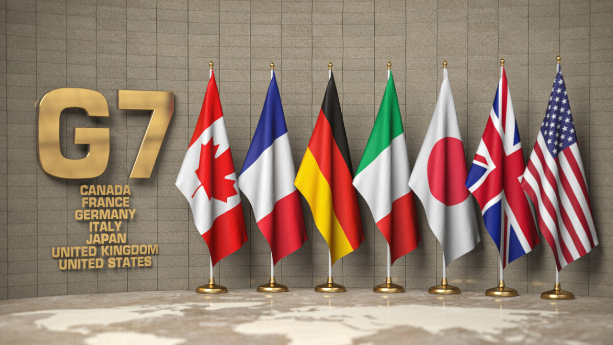 G7 summit or meeting concept. Row from flags of members of G7 group of seven and list of countries, 3d illustration