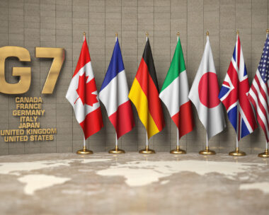 G7 summit or meeting concept. Row from flags of members of G7 group of seven and list of countries, 3d illustration