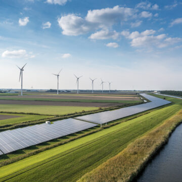 Solar panels and wind turbines generating renewable energy for green and sustainable future.