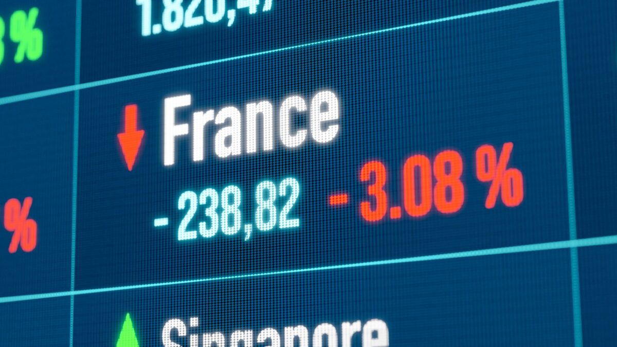 France falling stock market. Recession, negative trend, bear market, stock market crash, financial markets, los