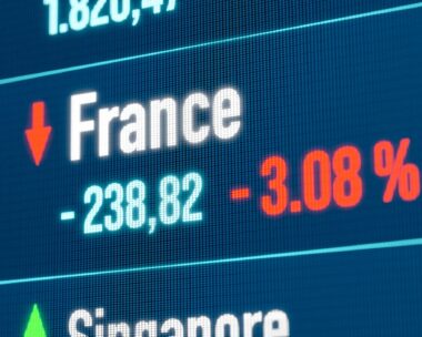 France falling stock market. Recession, negative trend, bear market, stock market crash, financial markets, los