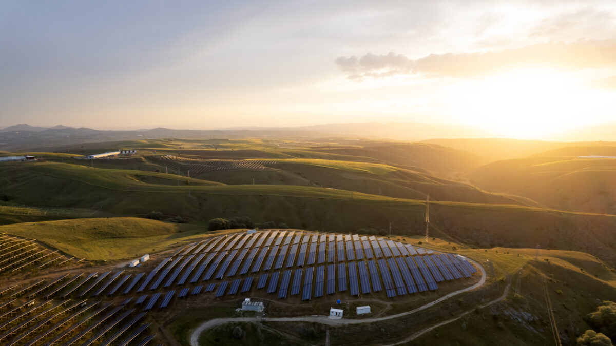 Aerial view of solar panel at sunset set
