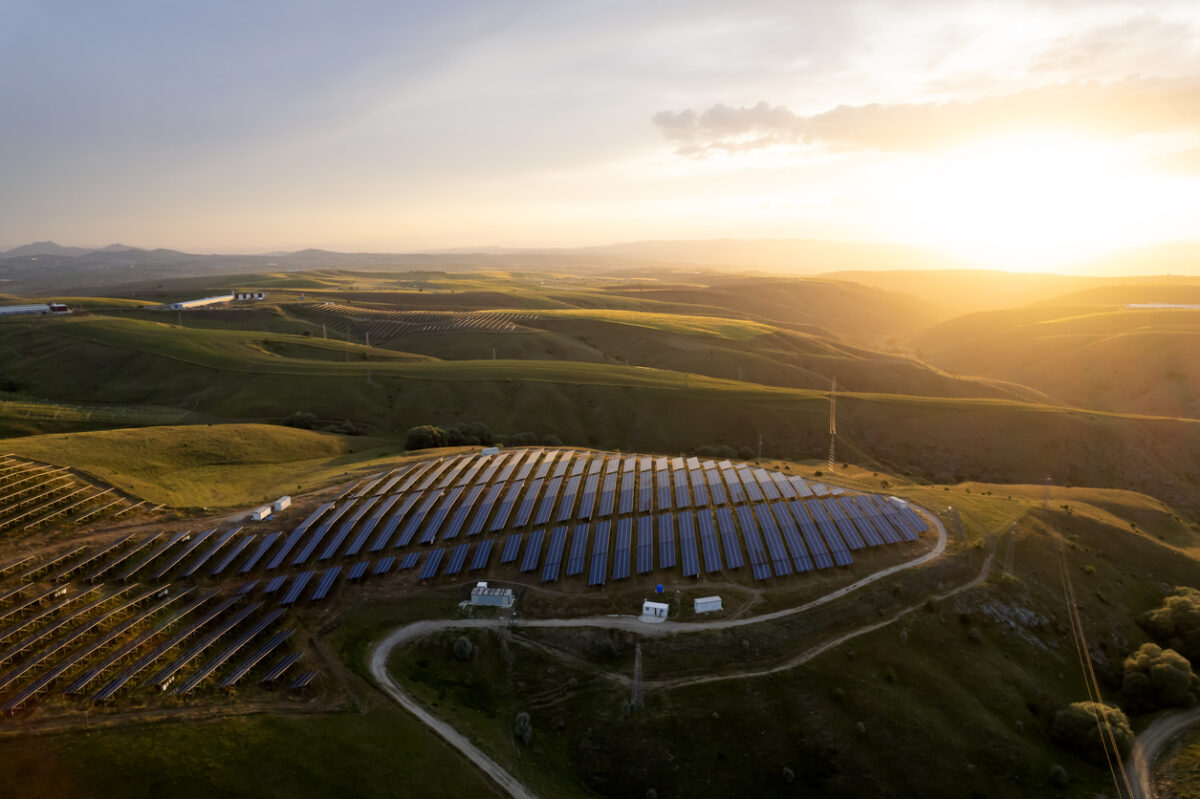 Aerial view of solar panel at sunset set