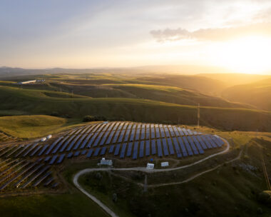 Aerial view of solar panel at sunset set