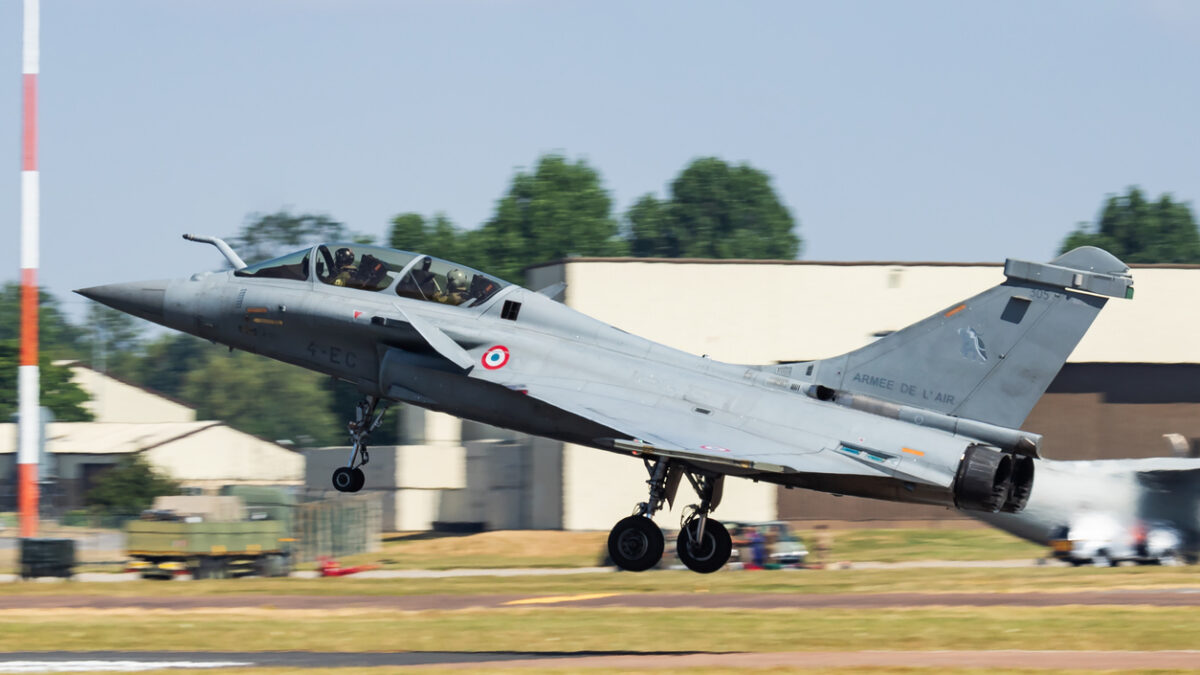 Rafale B fighter jet arrival and landing for RIAT Royal International Air Tattoo 2018 airshow