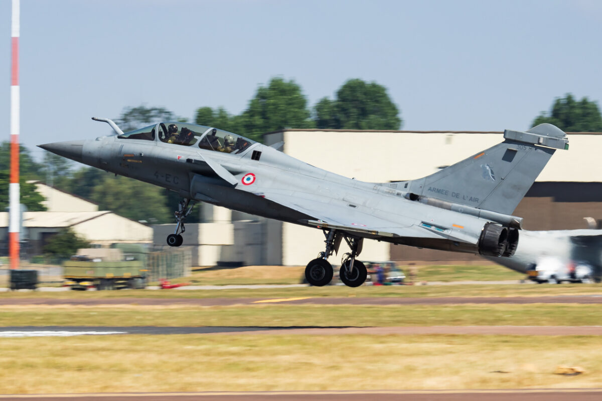 Rafale B fighter jet arrival and landing for RIAT Royal International Air Tattoo 2018 airshow