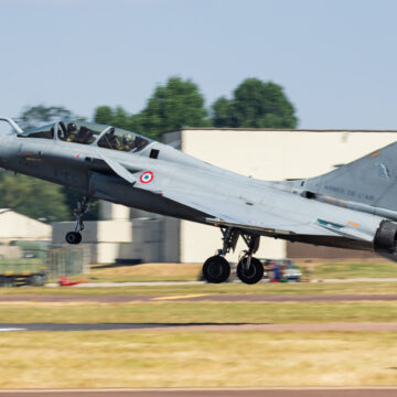 Rafale B fighter jet arrival and landing for RIAT Royal International Air Tattoo 2018 airshow