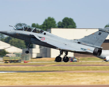 Rafale B fighter jet arrival and landing for RIAT Royal International Air Tattoo 2018 airshow