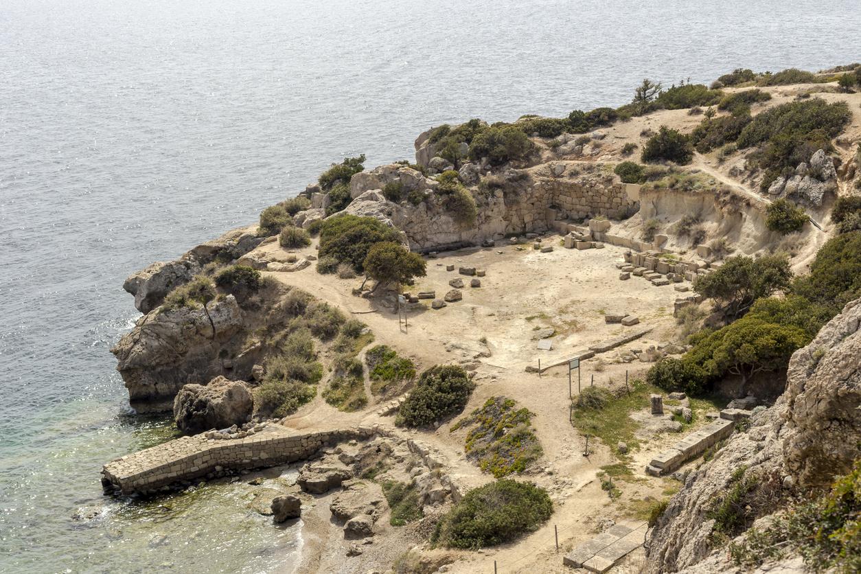 Hellenistic stoa. The Sanctuary of the goddess Hera Akraia in a small cove of the Corinthian gulf (Archaeological site Heraion, Loutraki-Perachora, Greece) on a sunny day