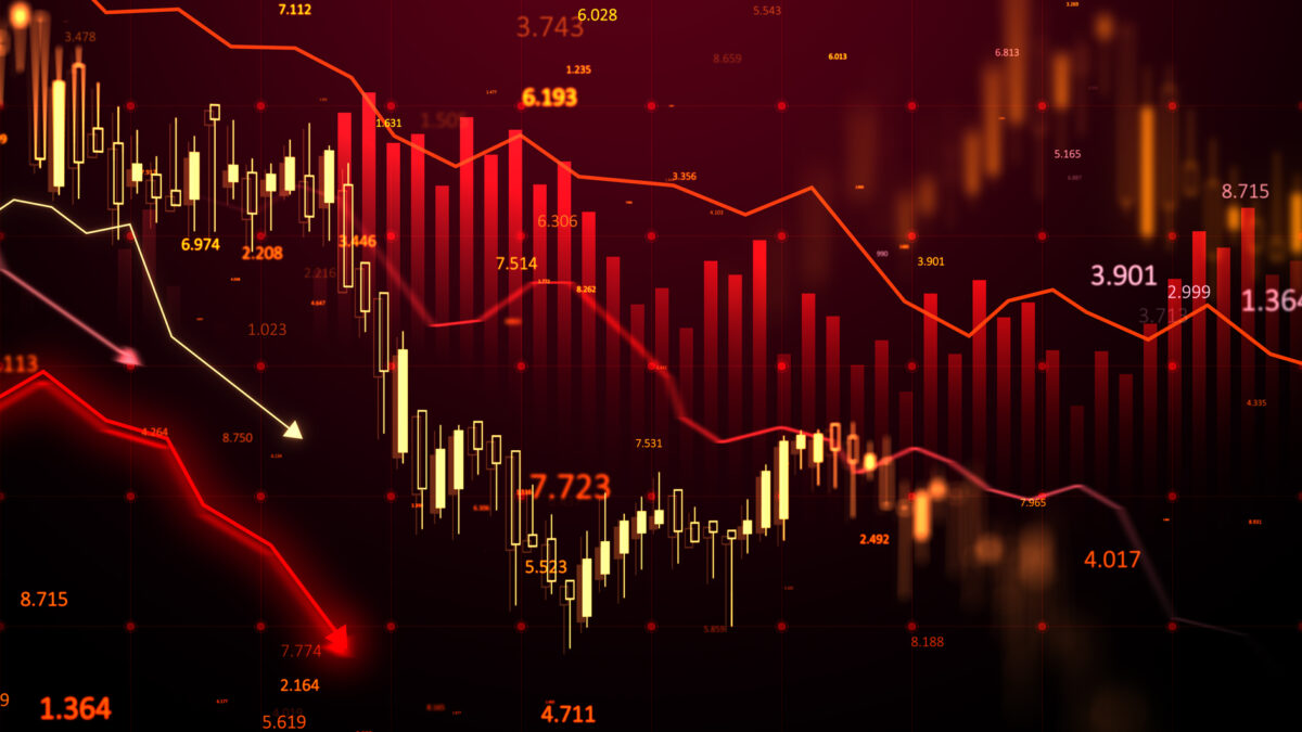 Financial chart with red candlesticks and arrows, glowing numbers, and a dark gradient background. Concept of a stock market crisis. 3D Rendering.